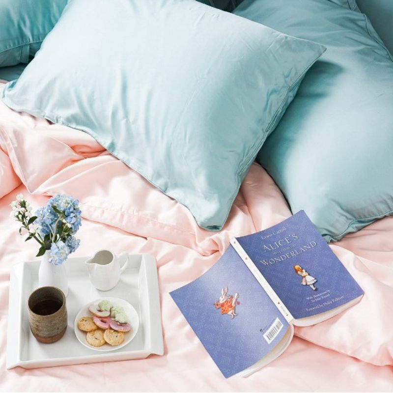 Pink Bed Sheets Sage Pillow Cover Modeled